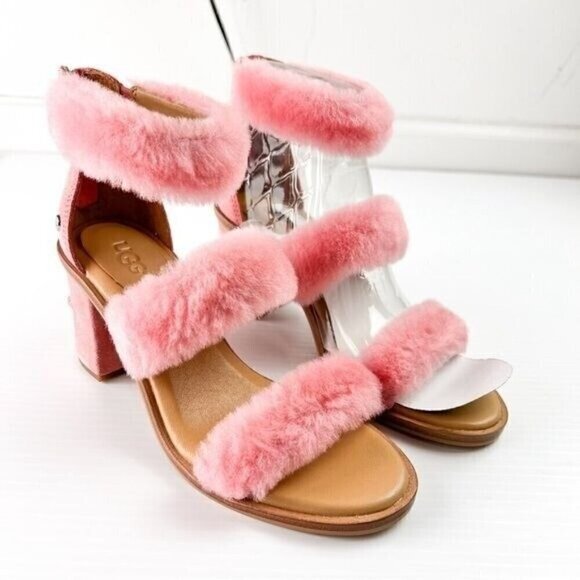 UGG sandals womens 6 Pink Del Rey Fluff Heel Open Toe Zip Closure - Picture 4 of 16